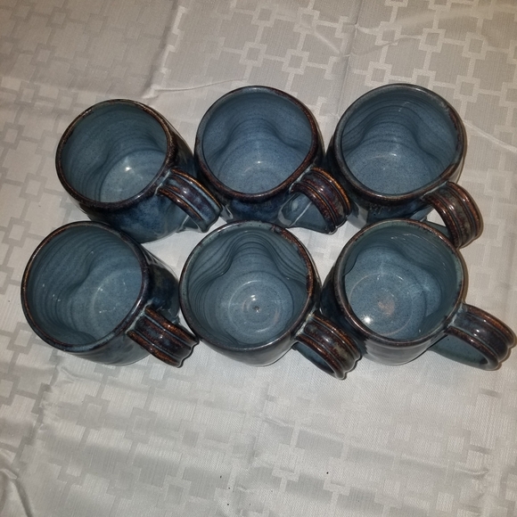 Pottery mugs  blue with drip set of 6 - Picture 5 of 10
